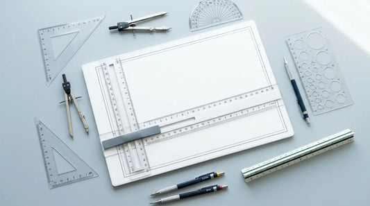 Flat lay of engineering technical drawing tools — drawing board, set squares, compass, protractor and pencils — from Uni Supplies Inc